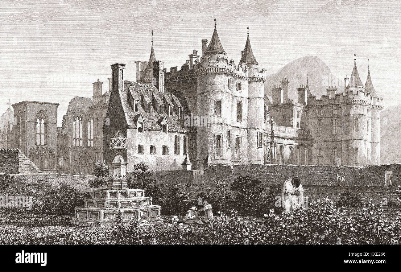 Il Palazzo di Holyrood, Edimburgo, Scozia. Noto anche come Holyrood House o il Palazzo di Holyroodhouse. È la residenza ufficiale del monarca britannico in Scozia. Dopo un secolo XIX la stampa. Foto Stock