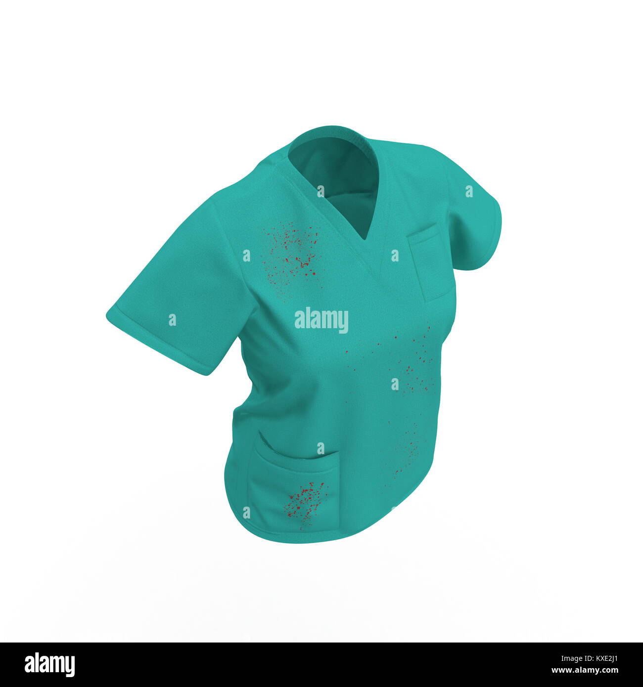 Medico verde uniforme di t-shirt macchiati di sangue per la donna isolato su bianco. N. persone. 3D illustrazione Foto Stock