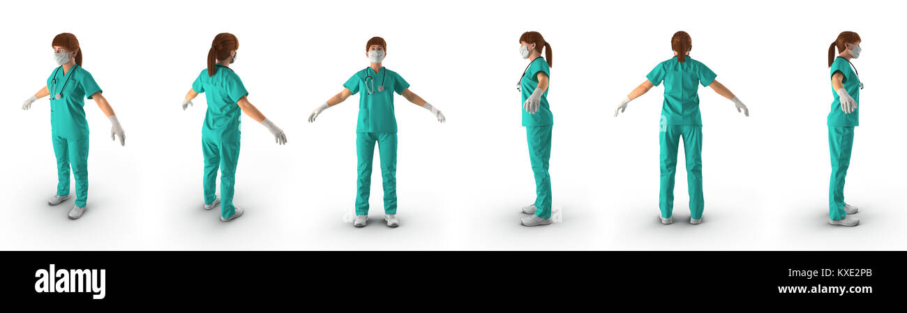 L'infermiera in uniforme isolato. Impostare rende da angolazioni diverse su un bianco. 3D illustrazione Foto Stock