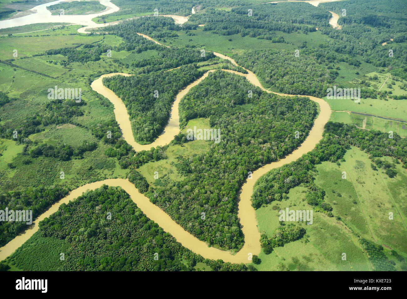 Una veduta aerea del serpeggiante fiume Sierpe appena prima che si svuota nell'Oceano Pacifico nel sud della Costa Rica. Foto Stock