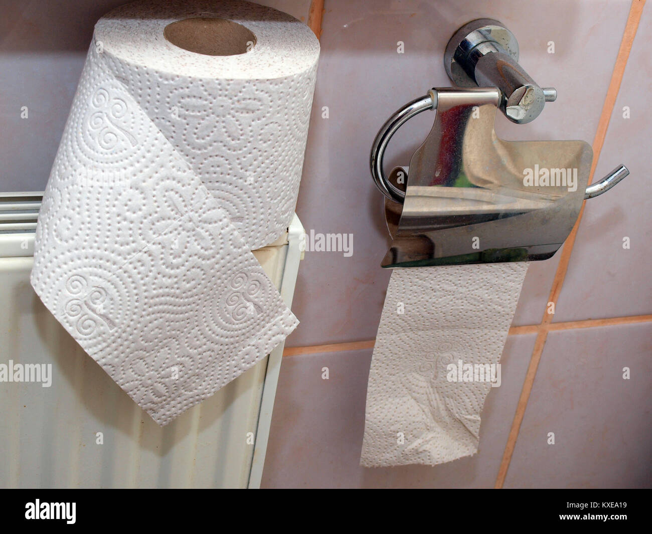 Svuotare la carta igienica in rotolo di supporto sulla parete piastrellata e pieno uno per sostituire Foto Stock