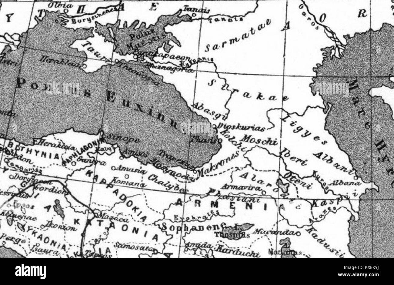 Enciclopedia dal Nordisk familjebok che descrive la regione del Caucaso all'interno dell'impero di Alessandro Magno (IV secolo a.C.), evidenziando la posizione geografica, la diversità culturale e il significato strategico. Foto Stock