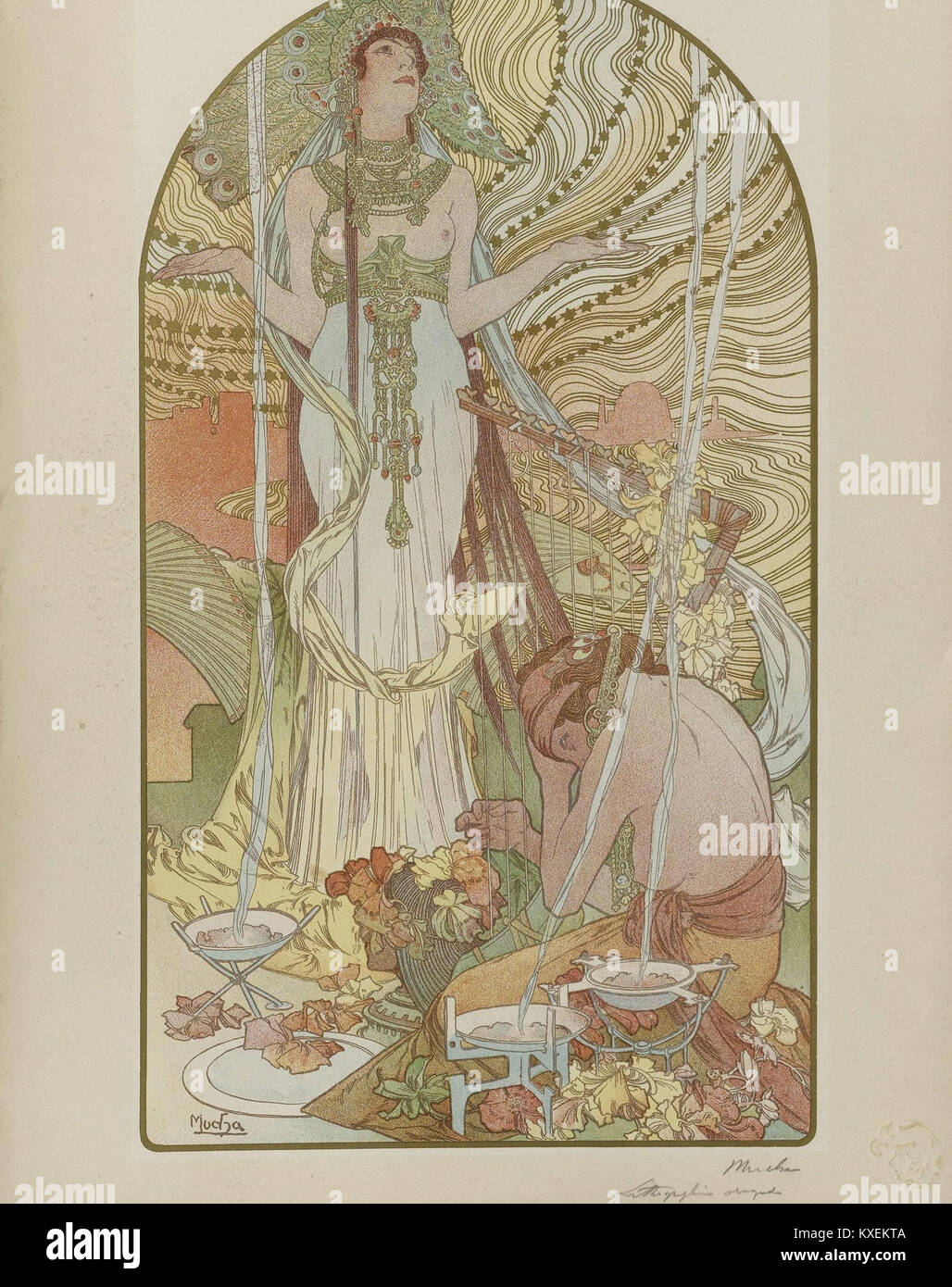 Poster litografico Salammbô creato da Alfons Mucha nel 1897, con elementi di design Art Nouveau, motivi decorativi e intricati dettagli tipici dello stile di Mucha. Foto Stock