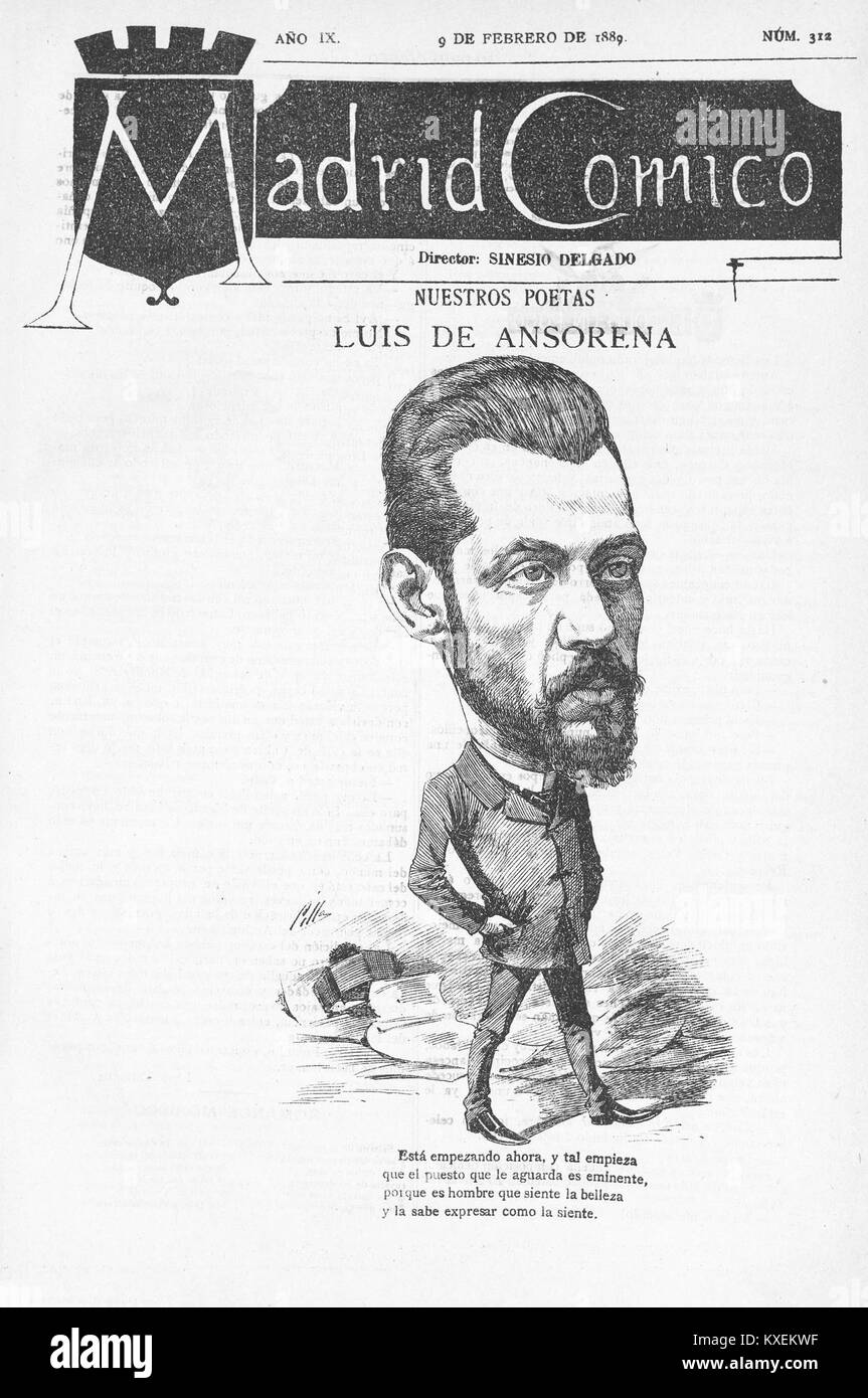 Illustrazione dalla rivista satirica Madrid Cómico, datata 9 febbraio 1889, creata da Luis de Ansorena e Cilla, che rappresenta l'arte caricaturale spagnola della fine del XIX secolo. Foto Stock