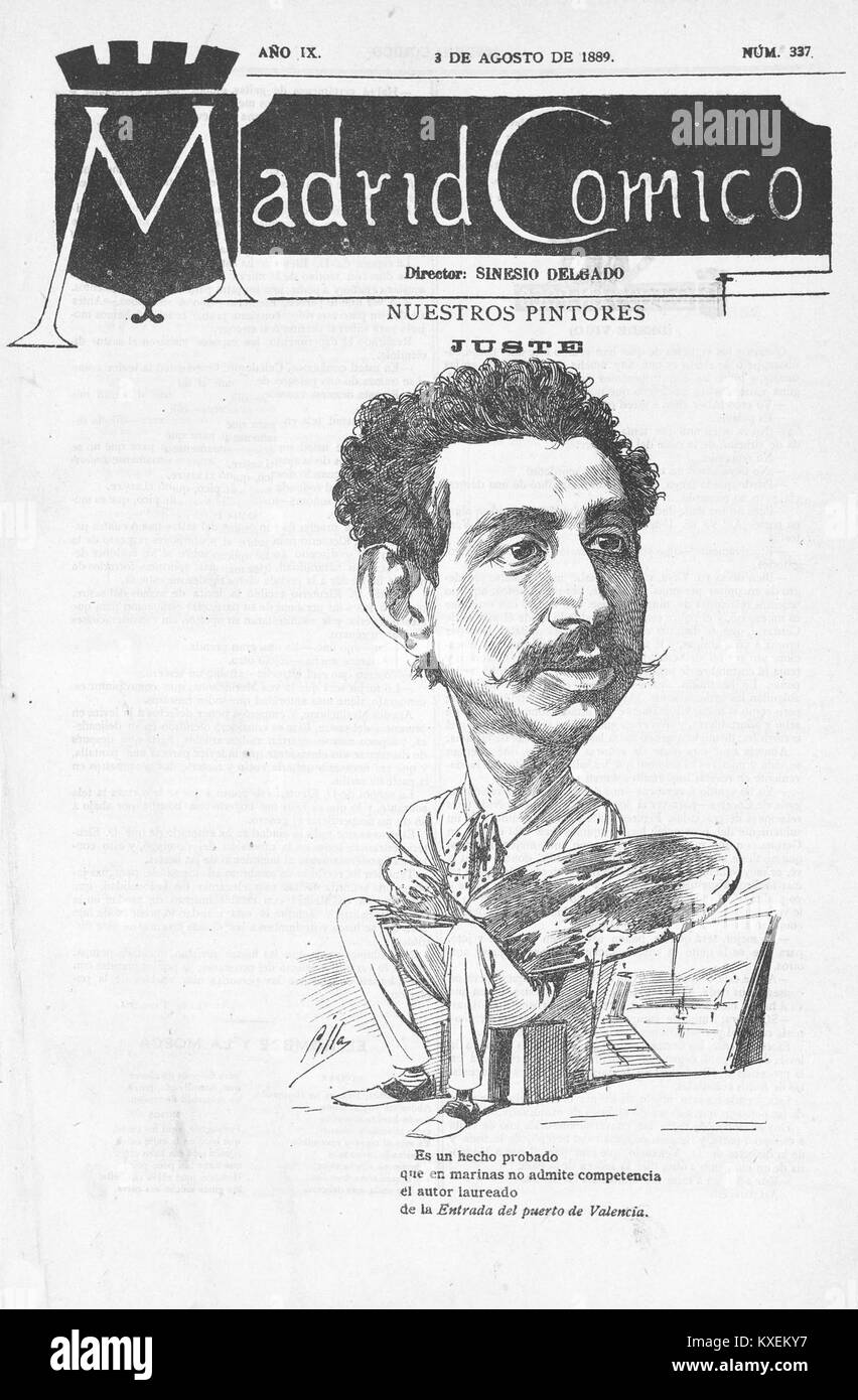 Prima pagina o illustrazione dal numero 1889 di Madrid Cómico, con lavori di Javier Juste e Cilla. La pubblicazione era una rivista spagnola satirica nota per l'umorismo, la caricatura e il commento sulla società di Madrid del tardo XIX secolo. Foto Stock