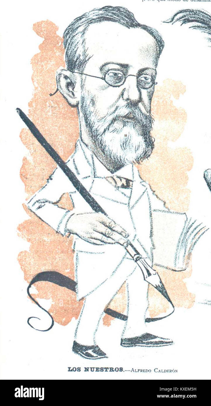 Un dipinto del 1902 di Alfredo Calderón che ritrae Don Quijote, figura centrale del romanzo di Cervantes. L'opera d'arte cattura l'idealismo e la malinconia del cavaliere, riflettendo l'impegno artistico dei primi anni del XX secolo con i classici letterari spagnoli. Foto Stock
