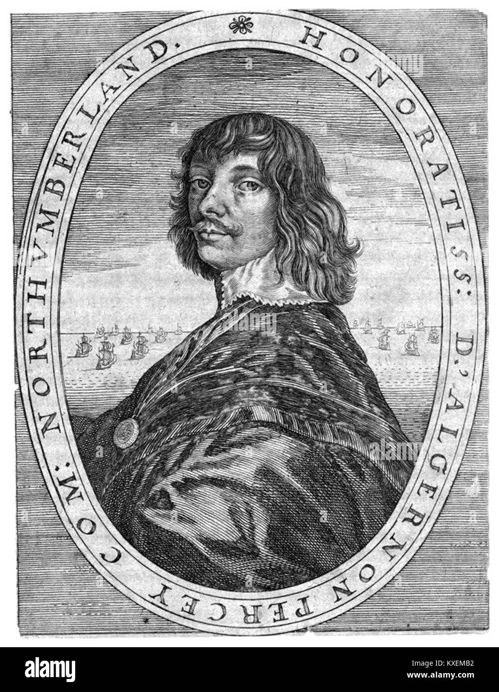 Questa incisione del XVII secolo di Cornelis van Dalen, dopo Anthony van Dyck, ritrae Algernon Percy, X conte di Northumberland, che riflette la ritrattistica aristocratica e l'incisione artistica del periodo. Foto Stock