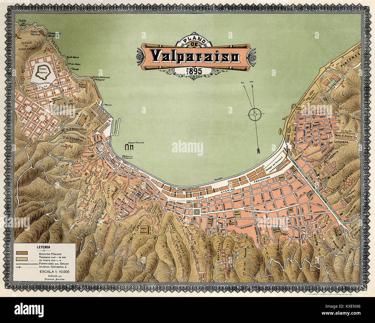 Una mappa del 1895 di Valparaíso, Cile, che mostra la struttura urbana, le strade, il porto e le infrastrutture della città durante la fine del XIX secolo, illustrando il suo sviluppo storico come città portuale. Foto Stock