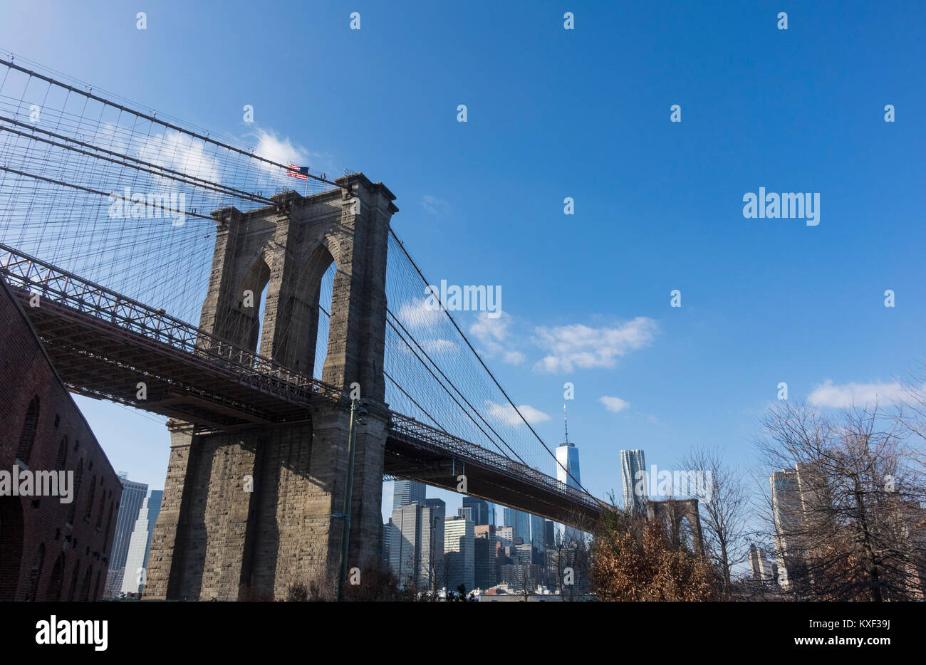 Il Ponte di Brooklyn e la parte inferiore di Manhattan skyline visto da Brooklyn, NY Foto Stock