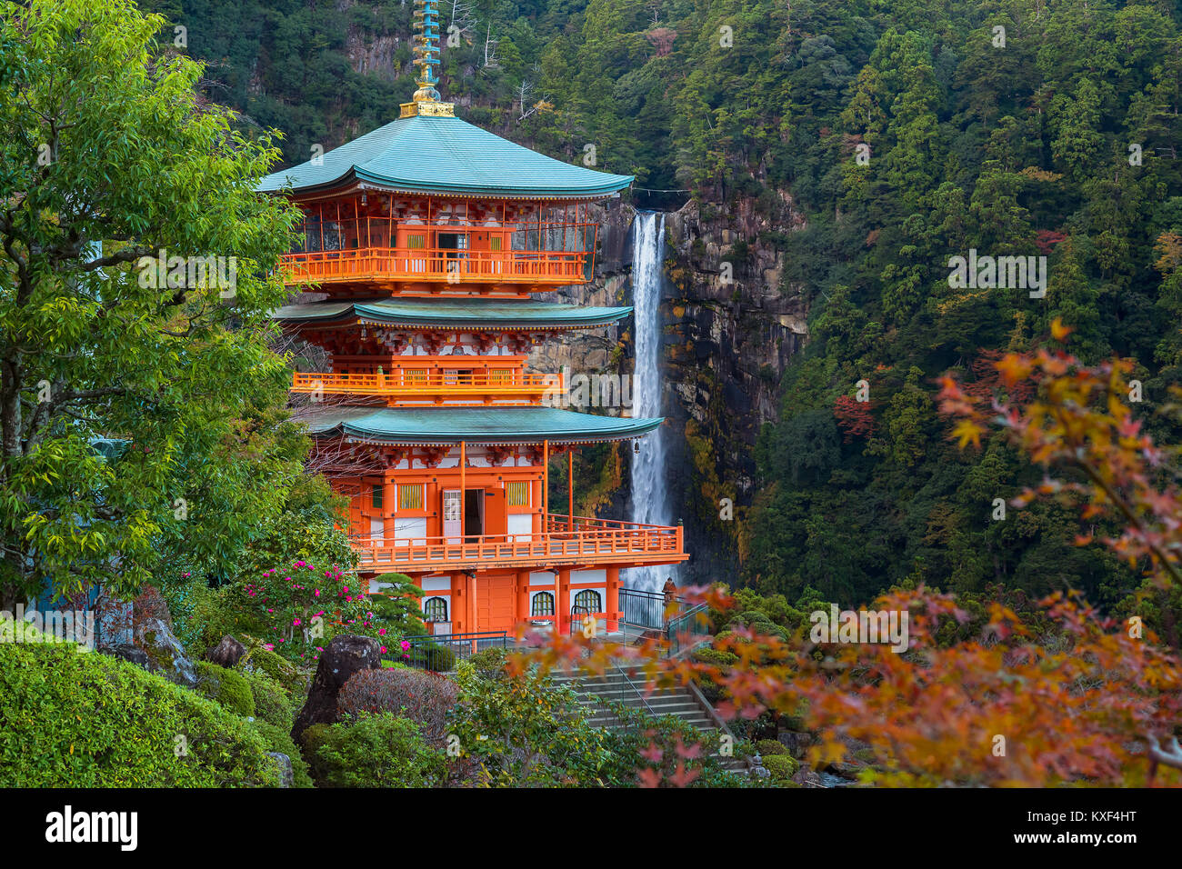 WAKAYAMA, Giappone - 19 novembre 2015: Pagoda di Seiganto-ji il tempio a Nachi Katsuura con la Nachi no Taki caduta una UNECO sito patrimonio mondiale. Foto Stock