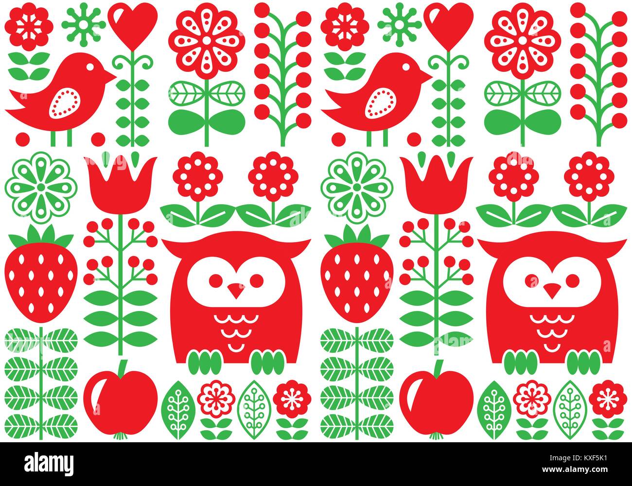 Il finlandese ha ispirato il vettore senza giunture di arte popolare - pattern design scandinavo, Nordic wallpaper con fiori e uccelli Illustrazione Vettoriale