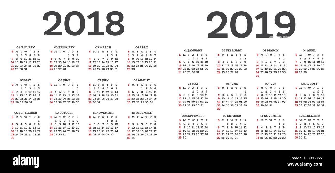 Calendario 2018 2019 isolati su sfondo bianco. Inizia settimana da domenica. Illustrazione Vettoriale. Illustrazione Vettoriale