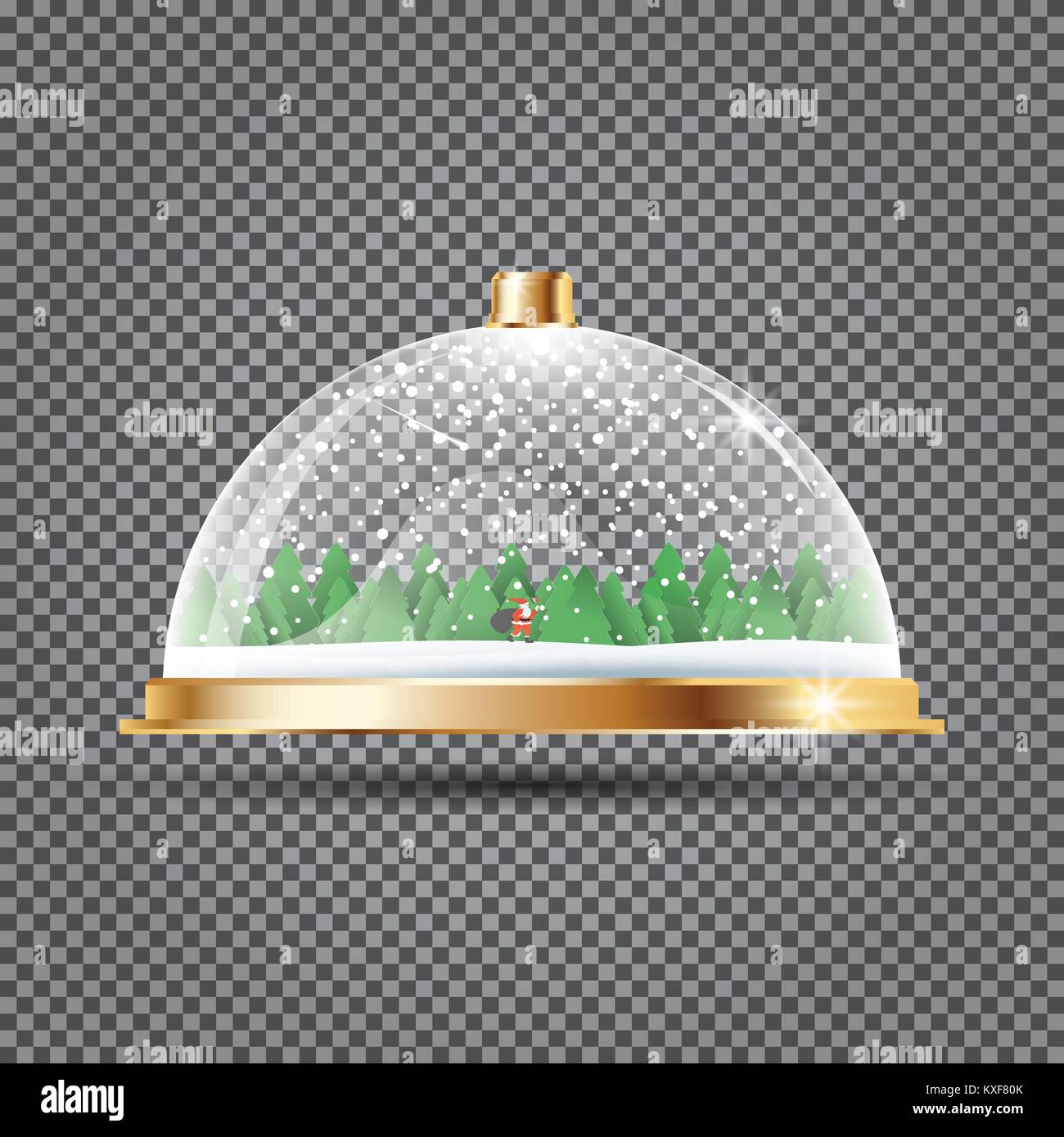 Cupola di vetro con neve, Santa e alberi su sfondo trasparente. Illustrazione Vettoriale. Illustrazione Vettoriale