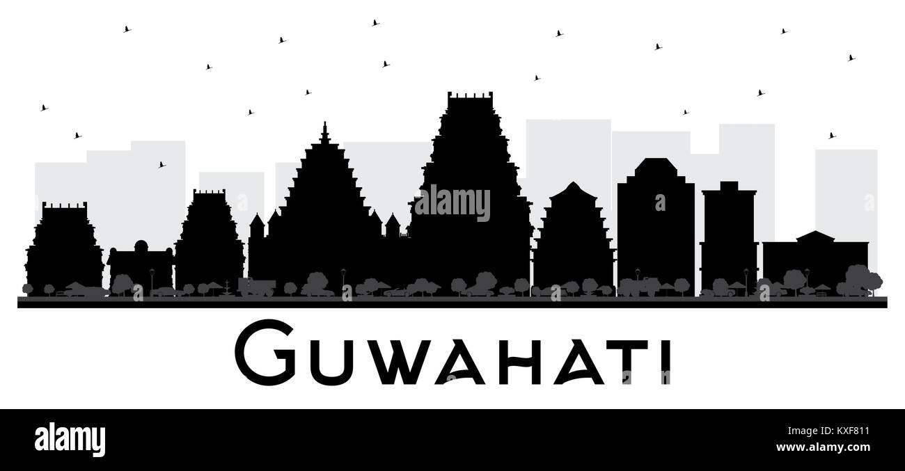 Guwahati India skyline della città in bianco e nero la silhouette. Illustrazione Vettoriale. Piatto semplice concetto per il turismo Presentazione, cartellone. Illustrazione Vettoriale