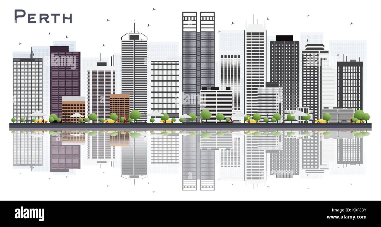 Perth Australia dello skyline della città con edifici grigi isolati su sfondo bianco. Illustrazione Vettoriale. Viaggi di affari e turismo Concept Illustrazione Vettoriale
