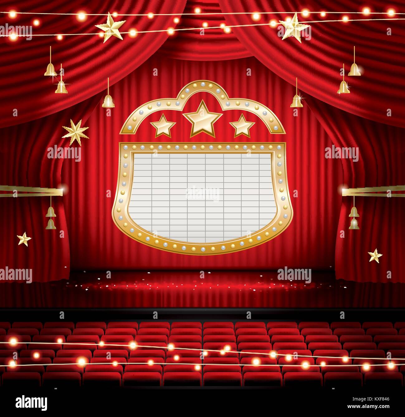 Red sipario di un palcoscenico con posti a sedere e faretti. Illustrazione Vettoriale. Teatro, Opera o il Cinema scena. Luce su un pavimento. Illustrazione Vettoriale