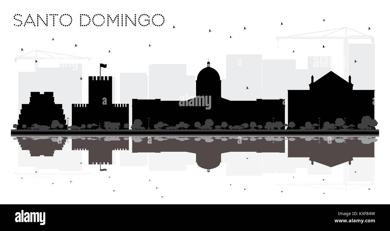 Santo Domingo Repubblica Dominicana skyline della città in bianco e nero con silhouette riflessioni. Piatto semplice illustrazione per il turismo presentazione, banner, Illustrazione Vettoriale
