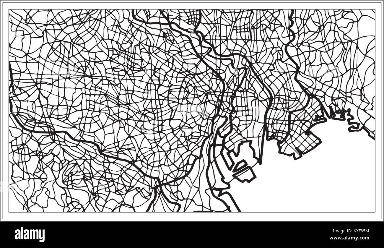 Tokyo Giappone Mappa della città in bianco e nero e a colori. Disegnato a mano. Illustrazione Vettoriale. Illustrazione Vettoriale
