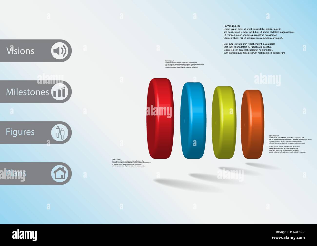 3D illustrazione modello infografico con motivo di quattro cilindri di colore disposte in orizzontale con un semplice segno e un testo di esempio sul lato a barre. Luce Illustrazione Vettoriale