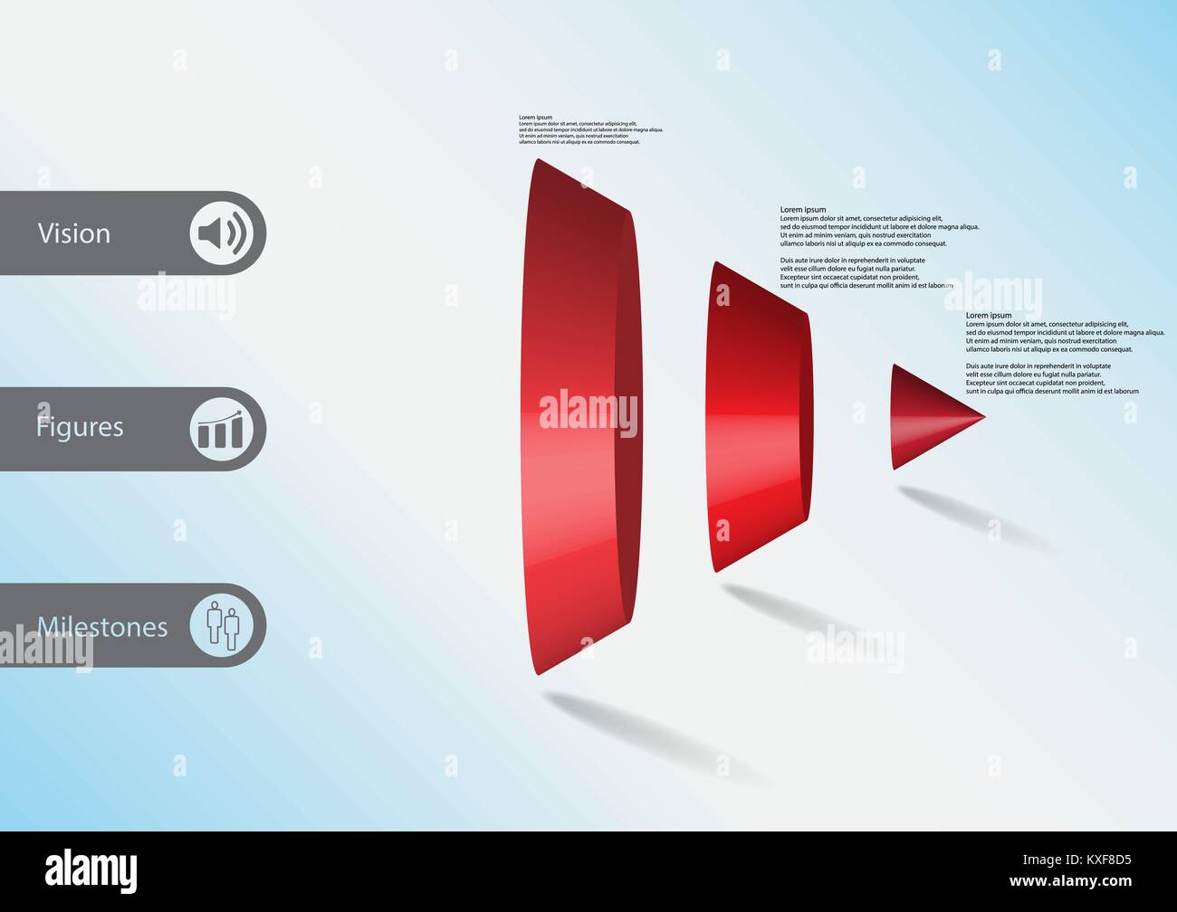 3D illustrazione modello infografico con motivo del cono diviso verticalmente in tre parti di rosso con un semplice segno e un testo di esempio sul lato a barre. Luce Illustrazione Vettoriale