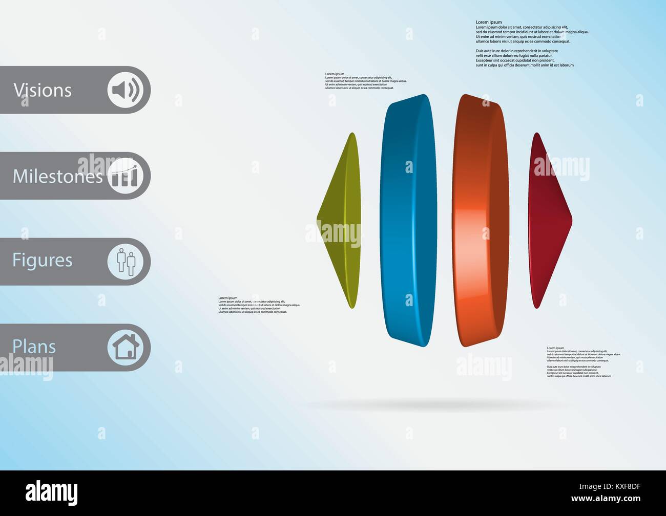 3D illustrazione modello infografico con motivo di due coni e due cilindri tra disposta verticalmente e con vari colori con un semplice segno e sa Illustrazione Vettoriale