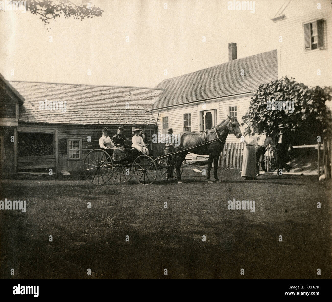 Antique circa 1905 fotografia, cavallo e carrozza presso la casa di famiglia. La posizione è in o vicino a Riggsville (ora Robinhood), Maine in Sagadahoc County, Stati Uniti d'America. Foto Stock