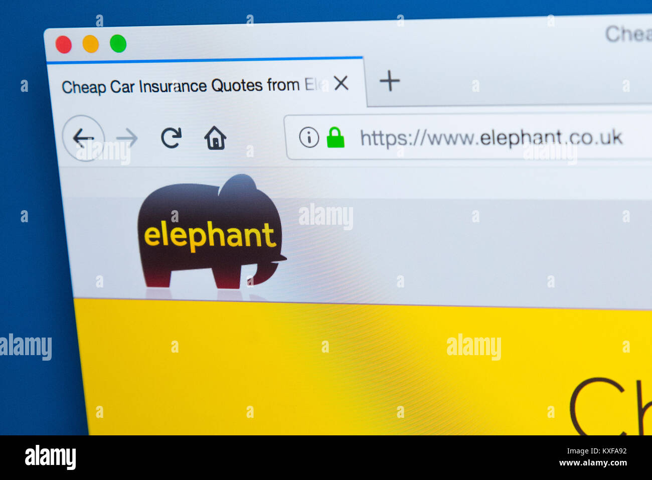 LONDON, Regno Unito - 4 gennaio 2018: la homepage del sito ufficiale di elephant.co.uk - un nome commerciale di EUI Limited, l'assicurazione auto specialista, Foto Stock