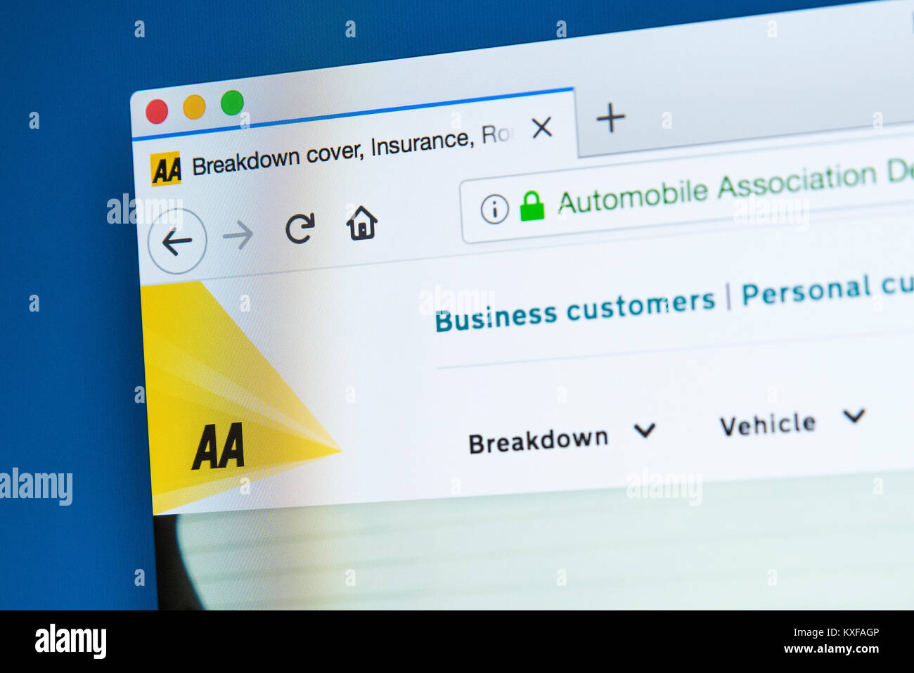LONDON, Regno Unito - 4 gennaio 2018: la homepage del sito web ufficiale per l'Automobile Association, comunemente noto come AA - il British motoring come Foto Stock