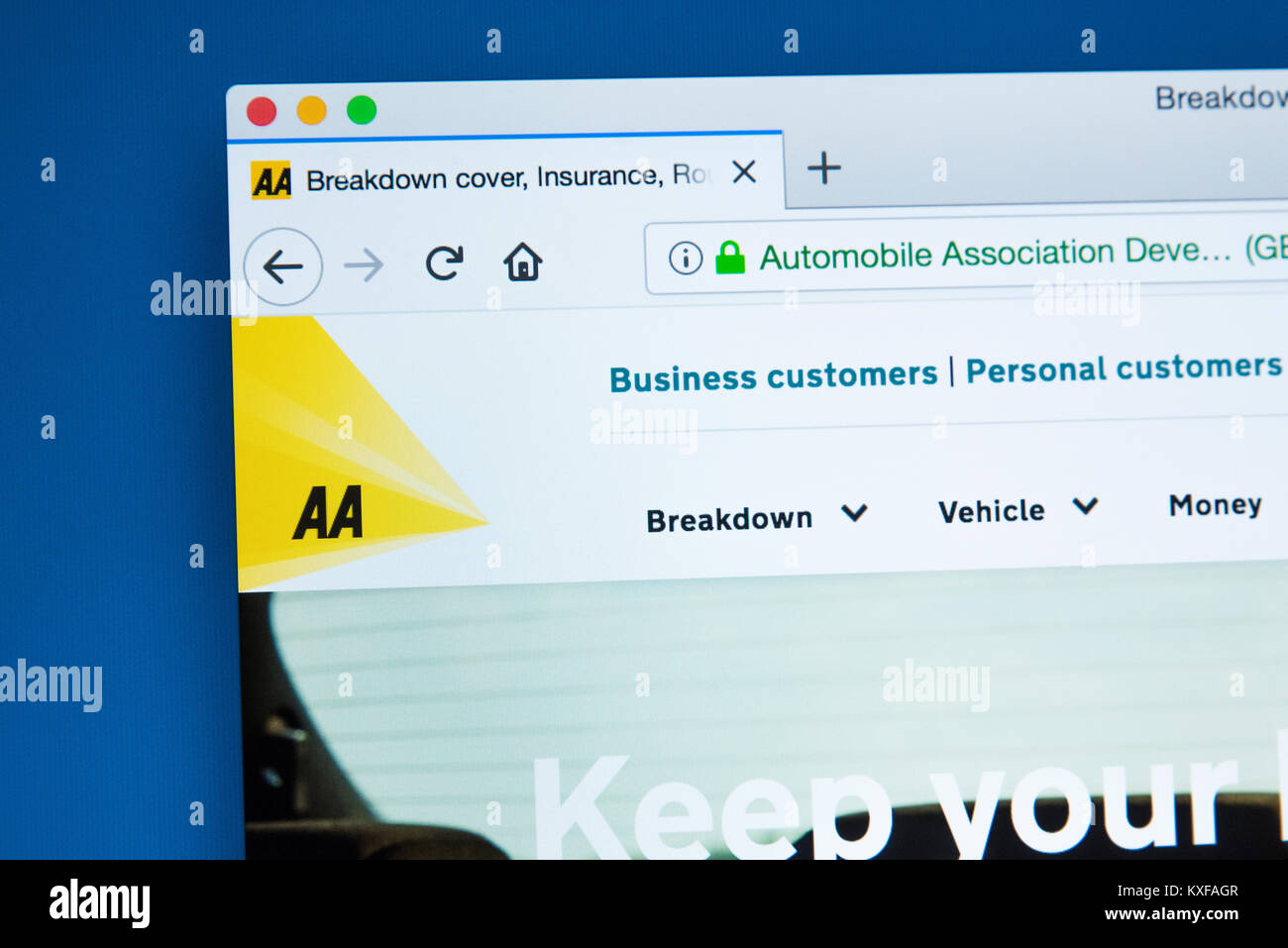 LONDON, Regno Unito - 4 gennaio 2018: la homepage del sito web ufficiale per l'Automobile Association, comunemente noto come AA - il British motoring come Foto Stock