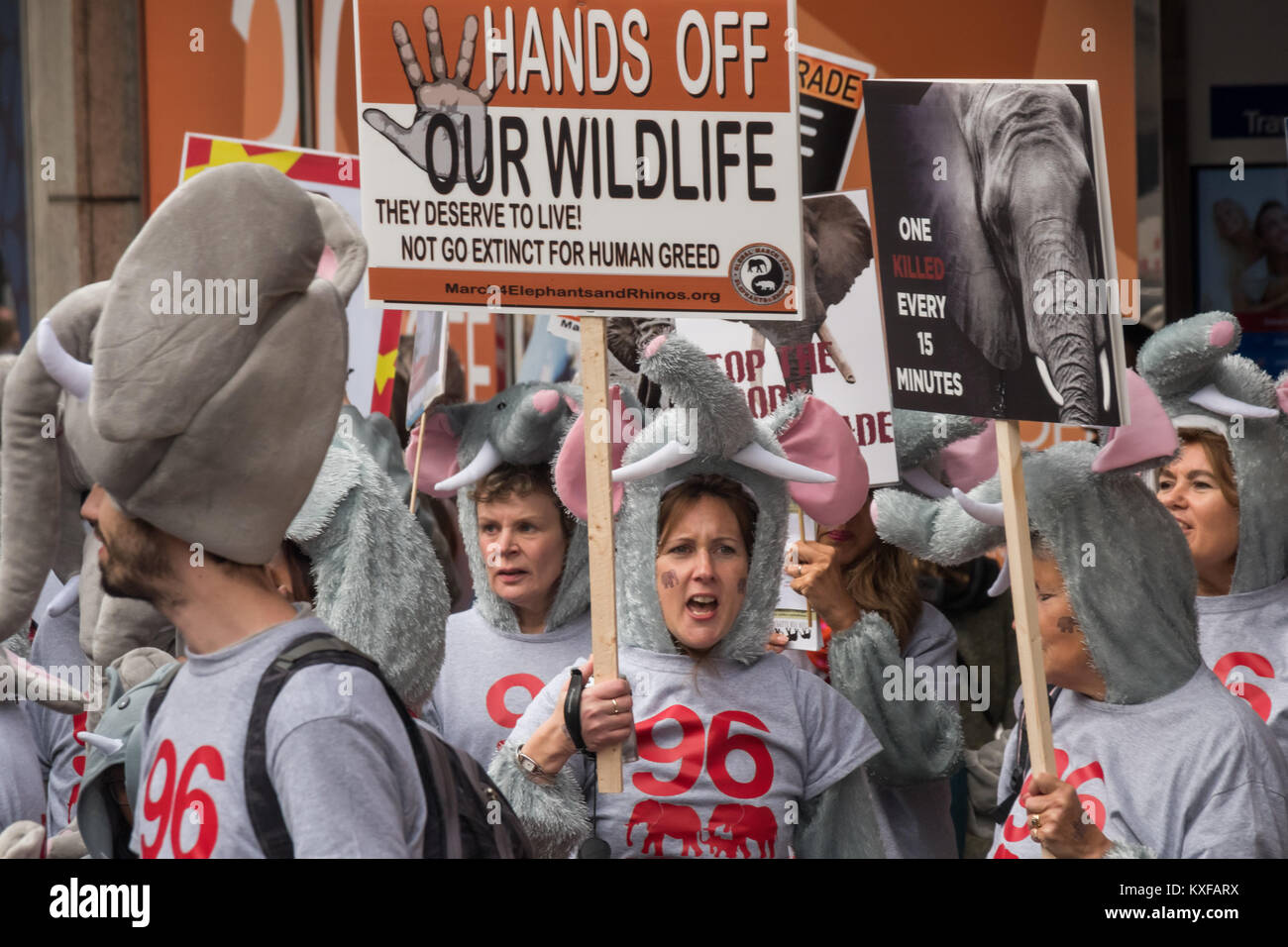 "Giù le mani dai nostri Wildlife dice una targhetta carriedby uno dei 96 persone in costume elephan nella parte anteriore del Global March per elefanti e rinoceronti a Londra. I cacciatori di frodo uccidono 96 elefanti un giorno. Foto Stock