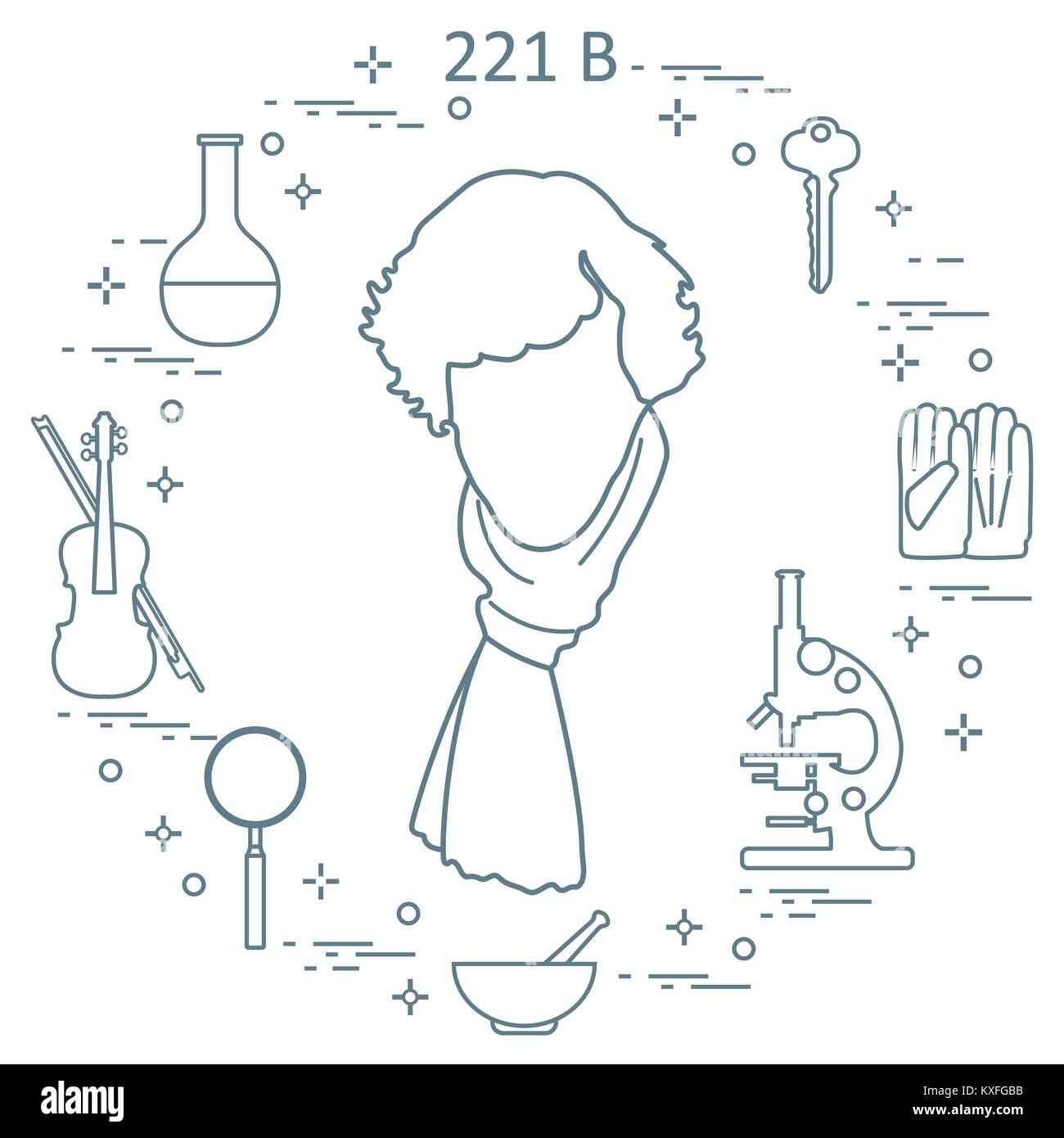 Detective privato Sherlock Holmes con una varietà di strumenti e apparecchiature. L'eroe della popolare serie TV. Design per un annuncio stampa. Illustrazione Vettoriale