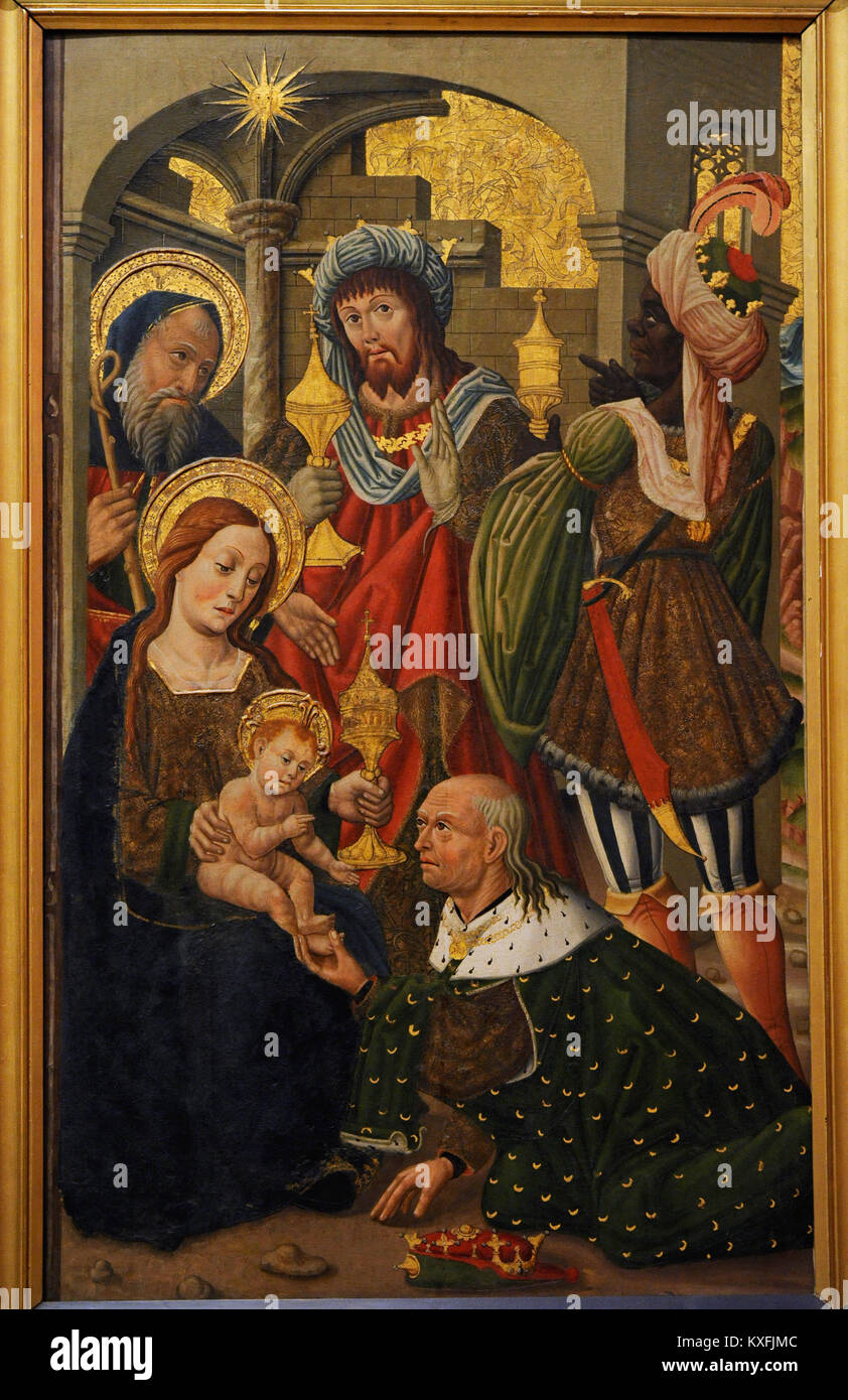 Sconosciuto artista Aragonese. Adorazione dei Magi, ca.1490. Galleria Nazionale. Oslo. La Norvegia. Foto Stock