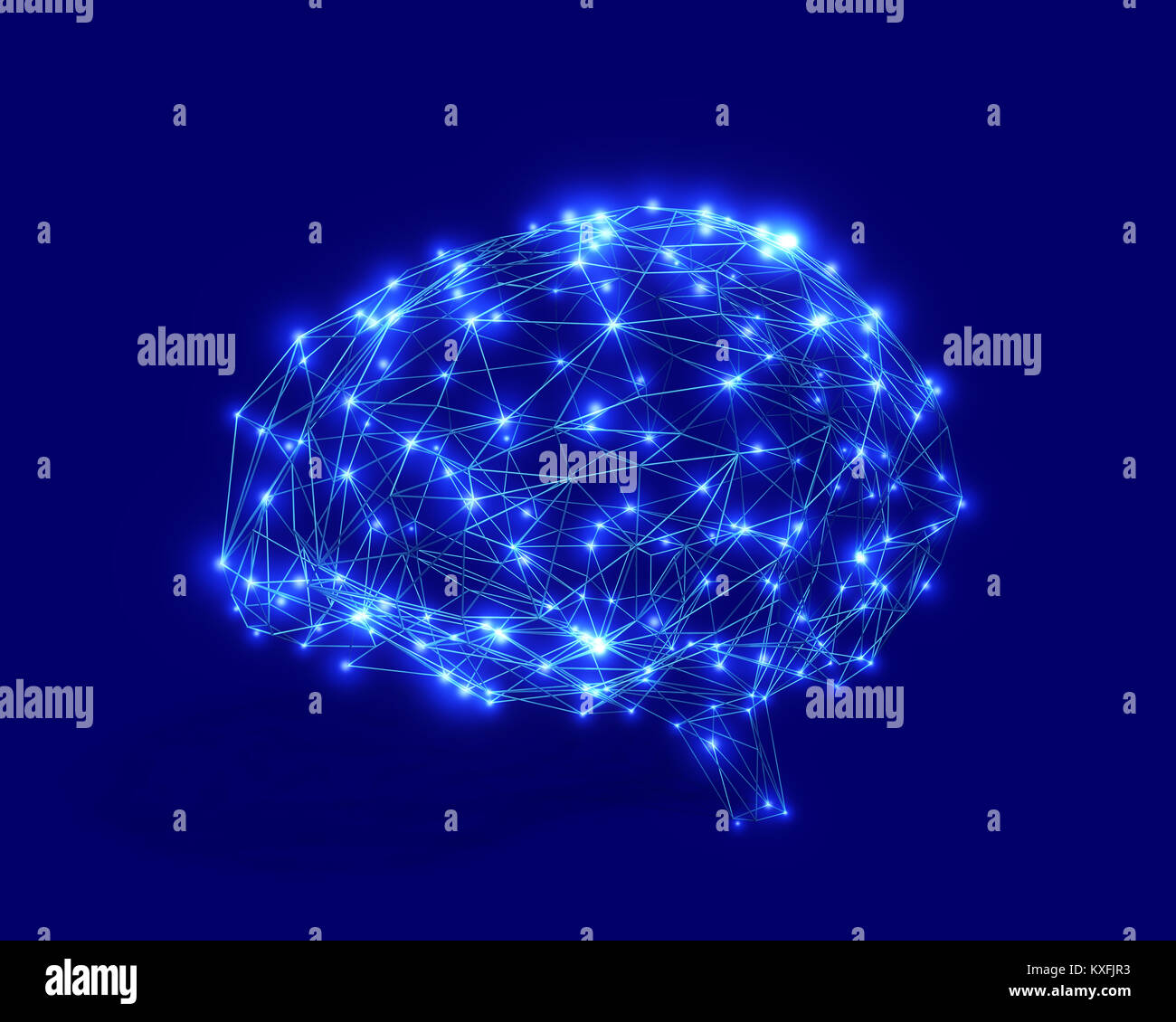 Cervello poligonale a forma di intelligenza artificiale con linee e punti luminosi e di ombra su sfondo blu scuro. Il rendering 3D. Foto Stock