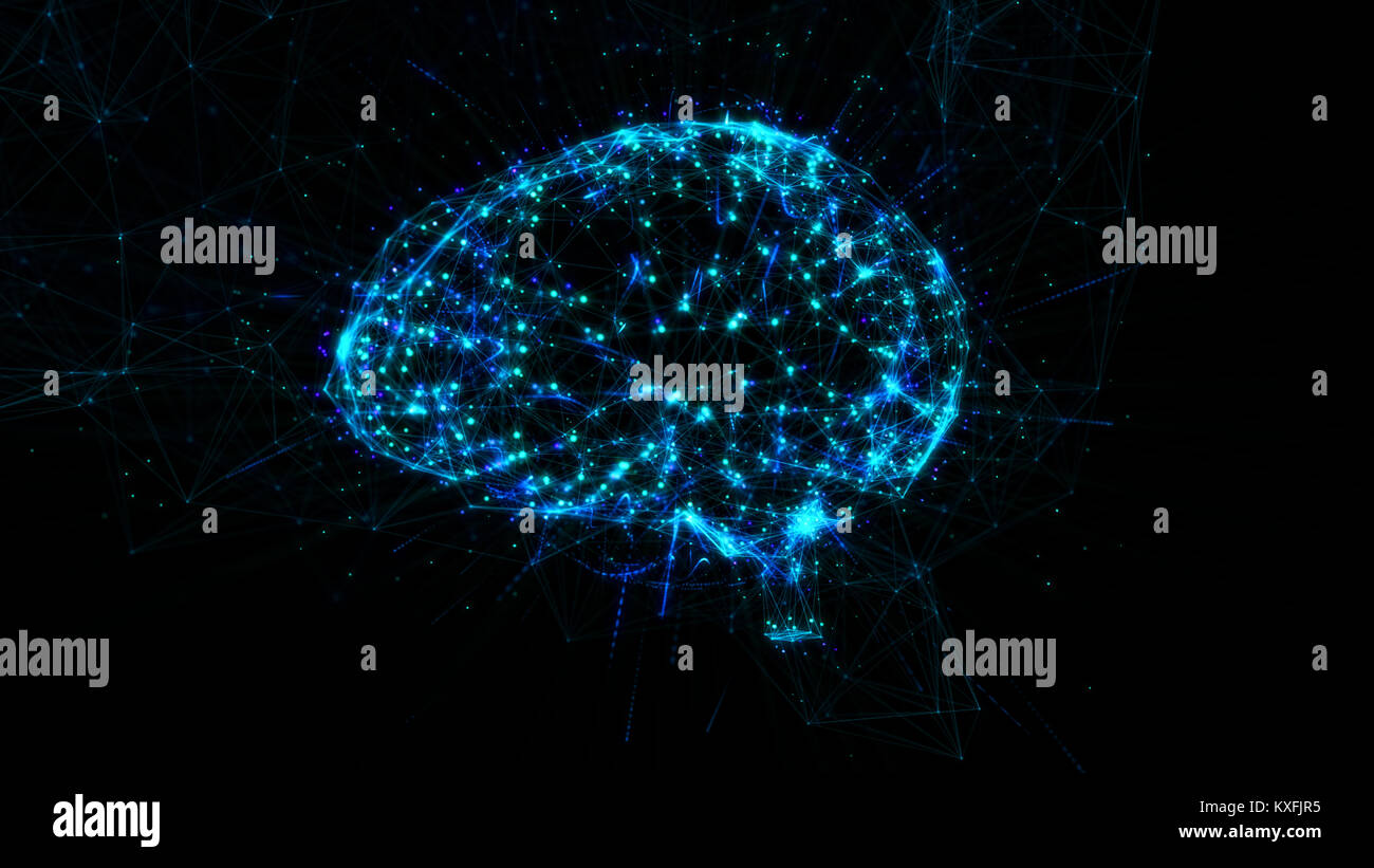 Cervello poligonale a forma di intelligenza artificiale con linee e punti luminosi e di ombra su sfondo blu scuro. Il rendering 3D. Foto Stock