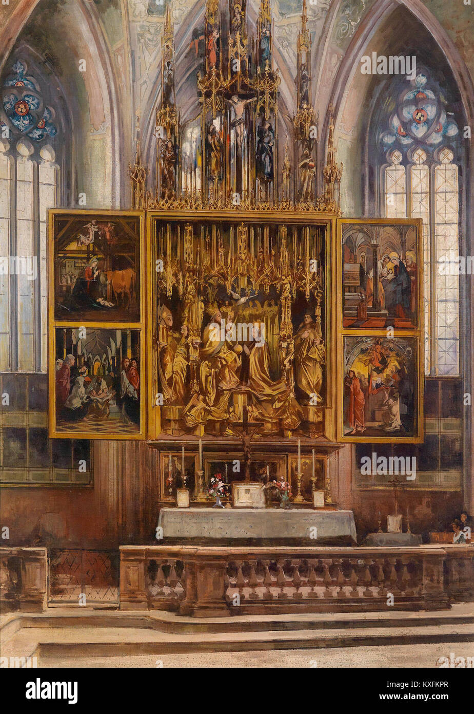 Fotografia dell'altare di Pacher a St. Wolfgang, Austria, attribuita all'artista Alois Hänisch. L'altare e' un rinomato capolavoro gotico caratterizzato da intricate sculture religiose in legno e dettagliati dipinti a pannelli. Foto Stock