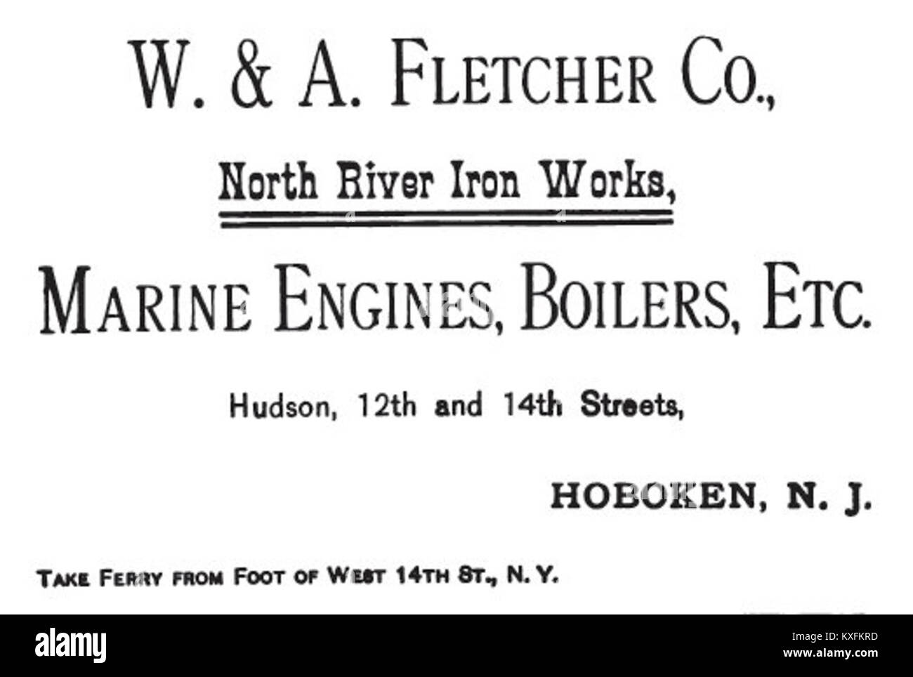 Pubblicità del 1899 di W. & A. Fletcher Co., un'azienda che produce motori marini e macchinari navali, che illustra la promozione industriale alla fine del XX secolo. Foto Stock