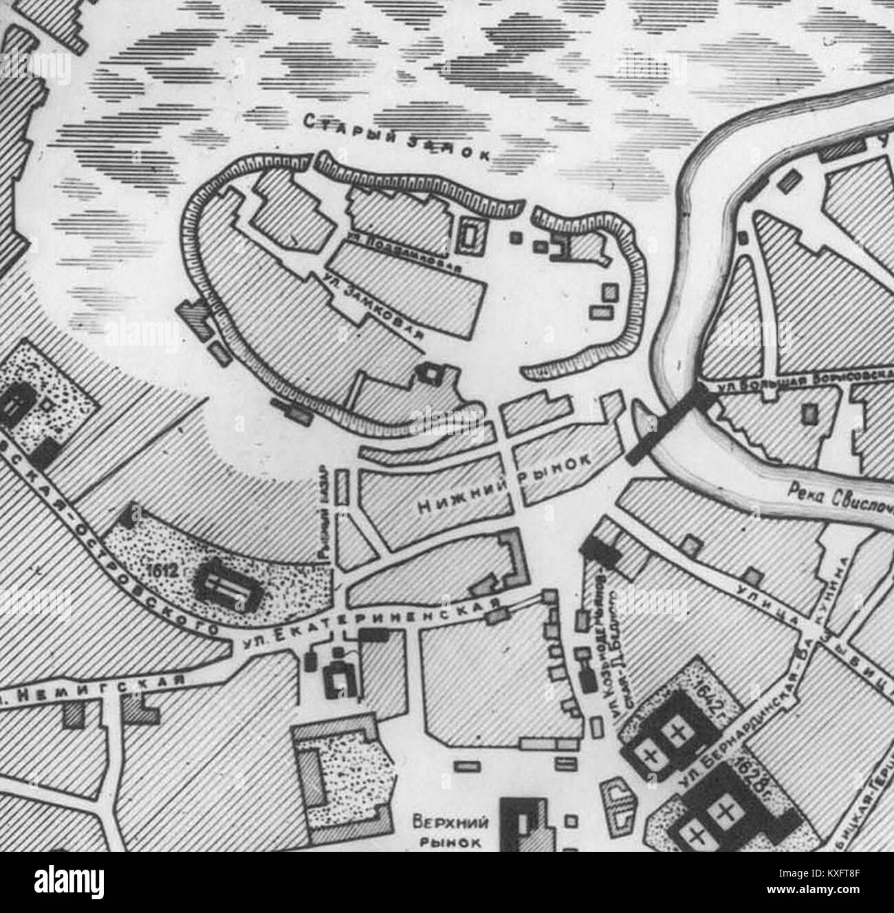 Questa mappa mostra Zamchyshcha su un piano di Minsk del 1783, evidenziando l'area del vecchio castello, l'allineamento del fiume e la disposizione urbana circostante della città. Foto Stock