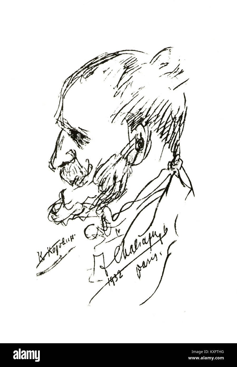 Fotografia o ritratto del 1932 che mostra Konstantin Korovin (1861-1939), pittore impressionista russo, catturato in un'immagine dal cantante d'opera e fotografo Feodor Chaliapin, che raffigura Korovin nella vita successiva circondato dalle sue opere. Foto Stock