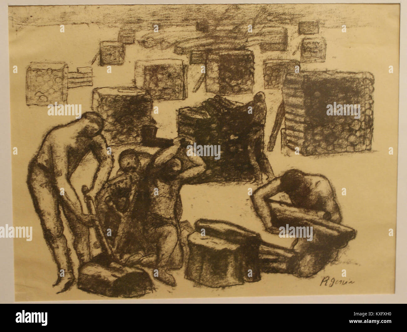 R. Henin. Tritare legna da ardere – Una rappresentazione di una persona impegnata nella divisione dei tronchi, che rappresenta il lavoro rurale e le scene della vita quotidiana in un ambiente naturale o in un villaggio. Foto Stock