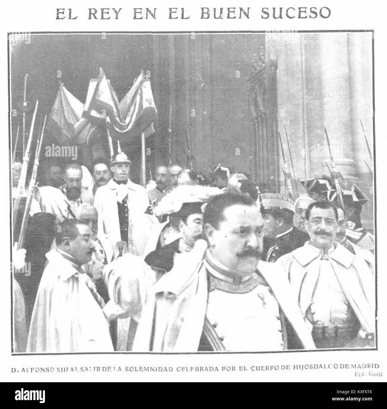 Questo segmento informativo del 27 gennaio 1909 presenta il re spagnolo che partecipa all'evento Buen Suceso. Il rapporto si concentra sugli impegni reali e sulle apparizioni pubbliche di importanti momenti storici in Spagna. Foto Stock