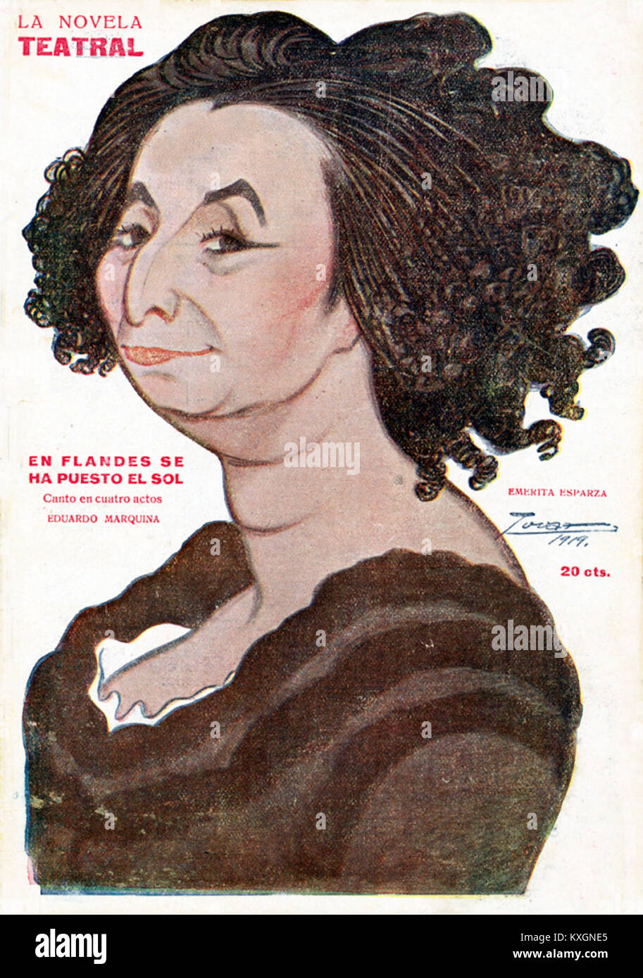 Un'immagine del 1919 associata a la Novela Teatral, con l'attrice Emírita Esparza e l'artista Tovar, che illustra il teatro ispanico dell'inizio del XX secolo e l'espressione culturale attraverso spettacoli teatrali e illustrazioni. Foto Stock
