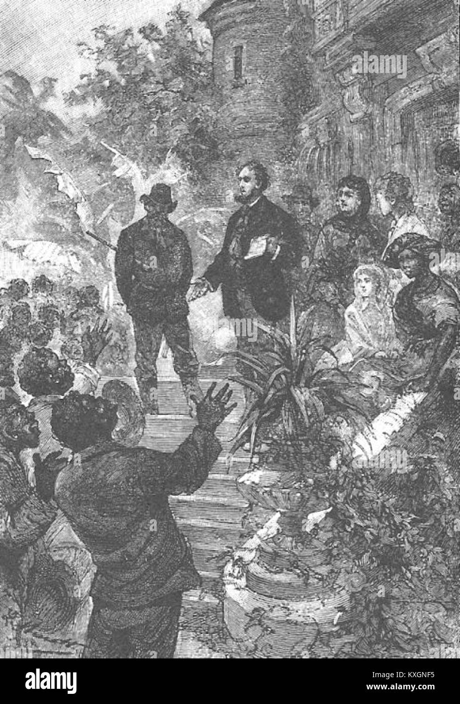 "Nord contro sud" di Léon Benett è un'illustrazione che raffigura una lotta storica o immaginaria tra le regioni settentrionali e meridionali, forse riferendosi a divisioni culturali, sociali o politiche. L'opera riflette temi di conflitto e differenze regionali. Foto Stock