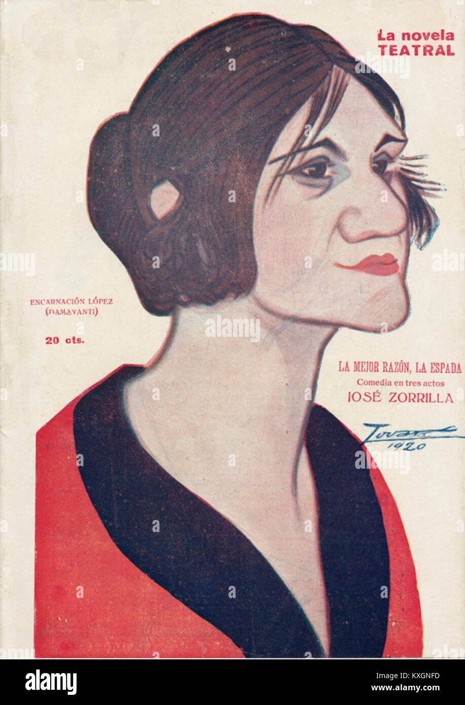 Questo spettacolo teatrale del 1920, "la Novela Teatral", ha visto Encarnación López nel ruolo di Damayanti, che mostra l'adattamento del teatro spagnolo di opere letterarie per il palco, eseguito dalla compagnia teatrale di Tovar. Foto Stock