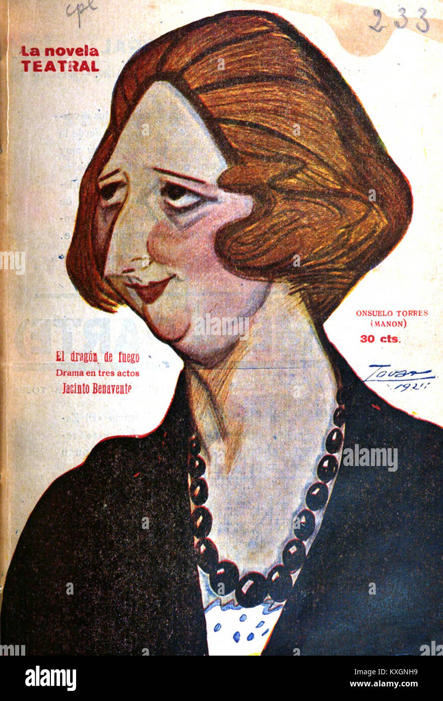 Consuelo Torres (Mann) apparve nel numero dell'8 maggio 1921 di "la Novela Teatral", evidenziando i suoi contributi al teatro spagnolo e alle arti dello spettacolo durante i primi anni del XX secolo. Foto Stock