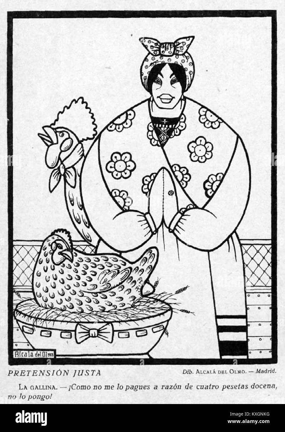Un'illustrazione del 1922 della rivista satirica spagnola "Buen humor" intitolata "Pretensión justa" di Alcalá del Olmo, che riflette l'umorismo e il commento sociale spagnolo dell'inizio del XX secolo attraverso la caricatura. Foto Stock