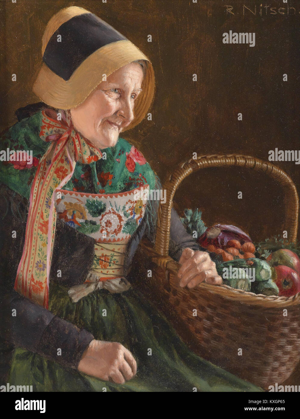 Un dipinto ad olio su legno di Richard Nitsch (1866-1945) intitolato "Mönchguterin, Insel Rügen". Creato nel 1945, ritrae una donna della penisola di Mönchgut sull'isola di Rügen, in Germania, che riflette l'identità regionale attraverso la ritrattistica e l'abbigliamento tradizionale. Foto Stock