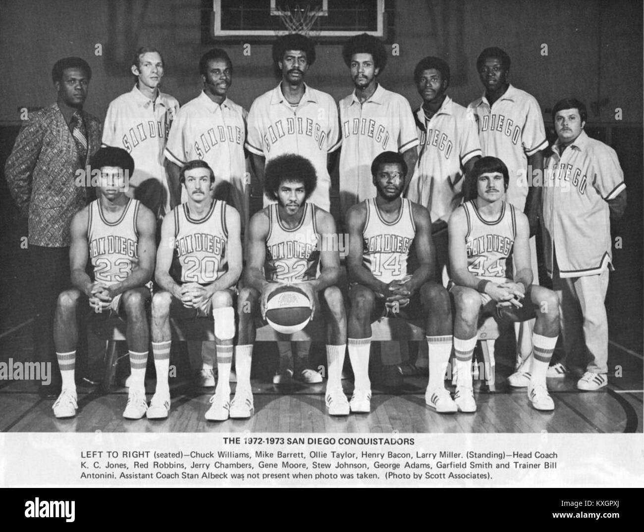 Foto della squadra dei San Diego Conquistadors 1972–73, una squadra di basket professionista dell'American Basketball Association (ABA), che documenta i giocatori e lo staff durante le prime stagioni della franchigia. Foto Stock