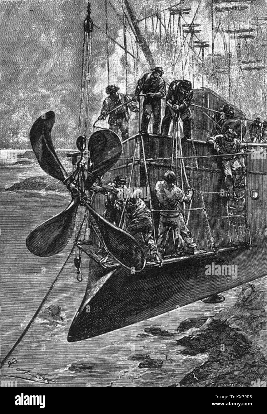 Un'illustrazione di Léon Benett per "Robur il Conquistatore", raffigurante il protagonista Robur in un viaggio avventuroso, evidenziando elementi tecnologici e motivi di fantascienza del XIX secolo tratti dal romanzo di Jules Verne. Foto Stock