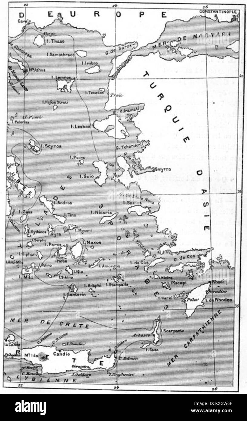 “L’arcipelago in fiamme” di Léon Benett, illustrazione numero 07, raffigura una scena drammatica in un arcipelago, che mette in risalto eventi naturali o causati dall’uomo. Foto Stock