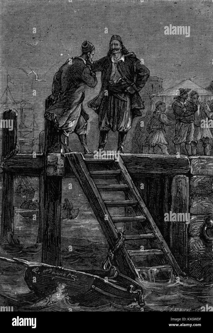 Un'illustrazione del XIX secolo di Léon Benett da "l'arcipelago sul fuoco", che mostra una scena drammatica e ardente, esemplificando dettagliate opere d'arte narrative. Foto Stock